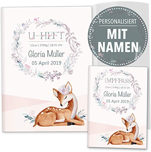 OLGS U-Heft und Impfpasshüllen 3-teiliges Set Rehkitz | Untersuchungsheft und Impfpass Hülle, schöne Geschenkidee für Kidner mit Namen (Uhefthülle, Impfpasshülle personalisiert, Stella)