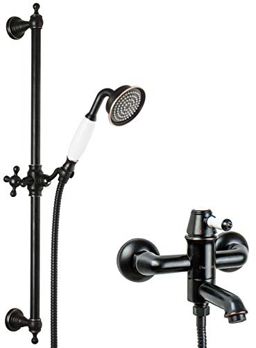 PaulGurkes schwarze Wannenarmatur Retro Aufputz Wannen Set Nostalgie Duschstange Handbrause Brauseschlauch Brausehalter Bad Armatur 2-Wege Umsteller 150cm Duschschlauch Brausestange Landhausstil