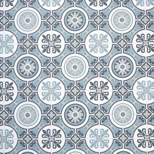 Moroccan Tile Design Cushion Vinyl Flooring Sheet White Grey & Blue Patterned Non Slip Lino Conservatory Kitchen Bathroom Floor (Tangier 09, 4m x 2m)