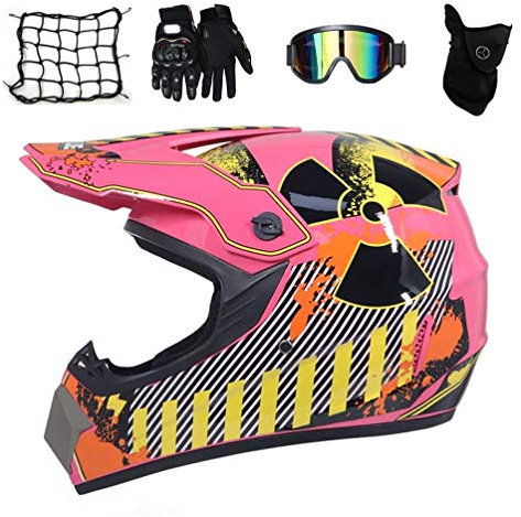 MRDEAR Casque Motocross Femme Rose Casque Cross Enfant Accessoire Moto Cross avec Goggle Gants Masque Filet à Bagages, Casque VTT Integral BMX Velo Quad Enduro ATV Scooter,M