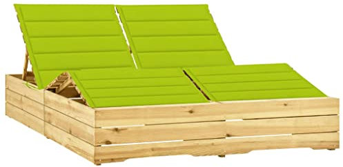 Doppel-Sonnenliege,Holz Sonnenliege,Liegestuhl,Relaxliege,Verstellbare Rückenlehne und Fußstütze,für Draußen,Terrassen,Veranden,Hinterhöfe,Balkone,Pools,mit Hellgrünen Auflagen Kiefer Imprägniert