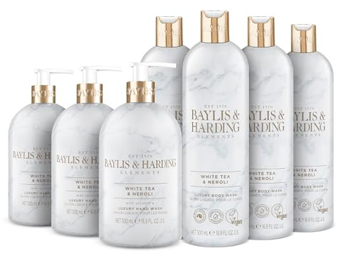 Baylis & Harding Elements White Tea & Neroli Toiletries Bundle: 3 x 500 ml Hand Wash & 4 x 500 ml Body Wash (7 bottles) - Vegan Friendly