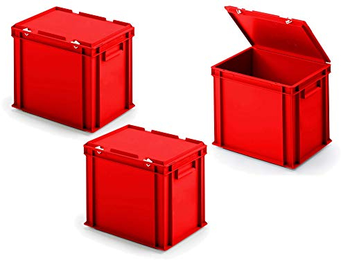 3x Eurobehälter mit Scharnierdeckel, LxBxH 400x300x330 mm, rot