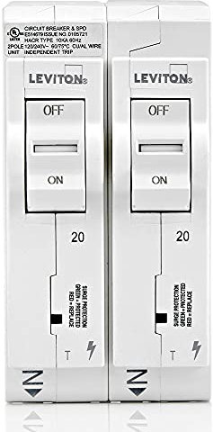 Leviton LSPD2-T Dispositivo de protección contra sobretensiones con dos interruptores de circuito de derivación estándar de 1 polo de 20 A, magnético térmico, 120/240 VCA, blanco