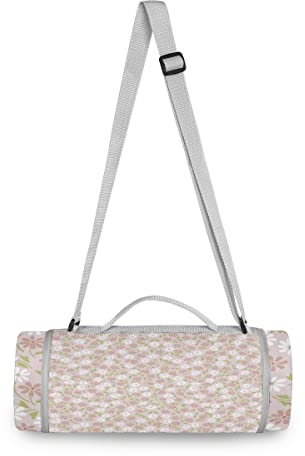 BEUSS Blümchen Rosa Blume Blumen Picknickdecke wasserdicht Kreative Runde Picknick-Matte Kampierende Strand Yoga Decken Matten im Freien Faltbar Leicht Matte Decke mit Tragegriff(148cm x 148cm)