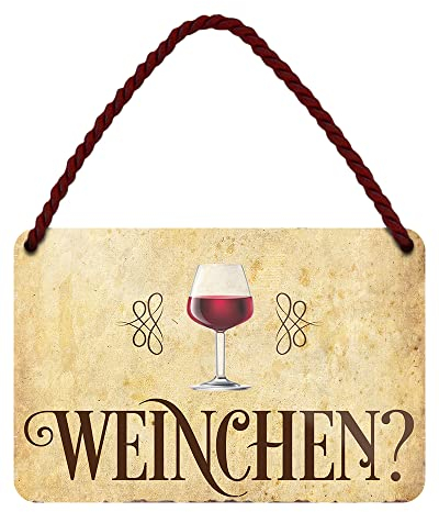 Wein Schild - Deko Metallschild mit Kordel und Saugnapf - Retro Dekoration für Küche Weinkeller Weinlaube Weinstube - tolle Geschenkidee für Weintrinker Weinkenner Weinliebhaber Genießer -18x12cm