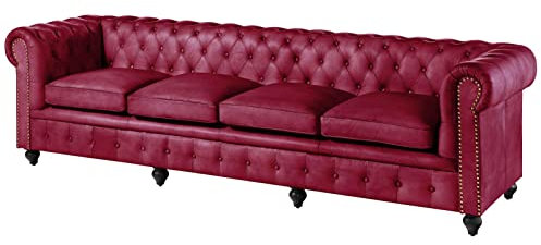 MASSIVMOEBEL24.DE | Chesterfield Sofa 4-Sitzer aus Echtleder #404 | aus echtem Büffel-Leder - Rot | 274x82x75 cm | mit Nieten | Couch Polstercouch 4er Sitzer