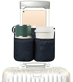 LARGERED Reusable Luggage Travel Cup Tablet Holder Attachment Drink Carrier Caddy-Holds Books Passports-Fits Roll on Suitcase Handles - Gifts for Flight Attendants Travelers Accessories- Navy