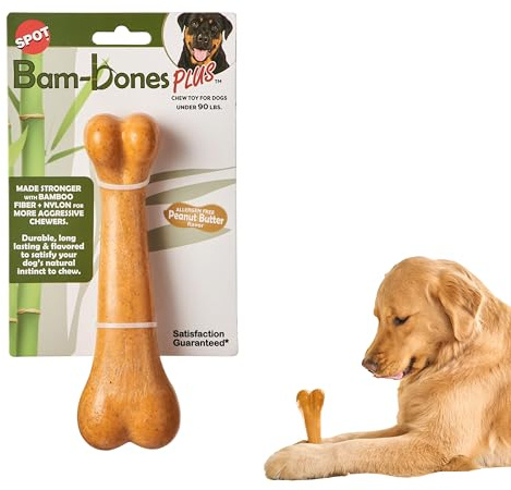 SPOT Bam-Bones Plus Dino Bone - Bamboo Fiber & Nylon, Durable Long Lasting Dog Chew for Aggressive Chewers – Great Toy for Dogs Under 90lbs, Non-Splintering, 7.25in Peanut Butter Flavor Allergen Free