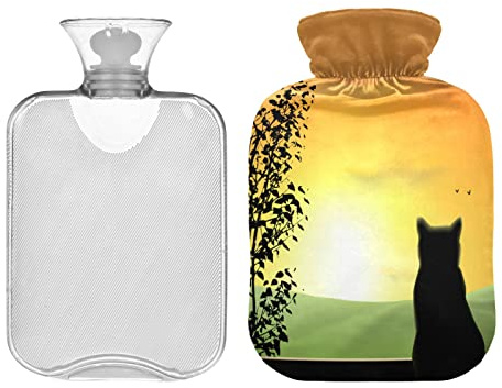 Wärmflasche 2L mit Bezug, Katze Sonnenuntergang Wärmbeutel zur Schmerzlinderung Hand Füße Wärmer Winter