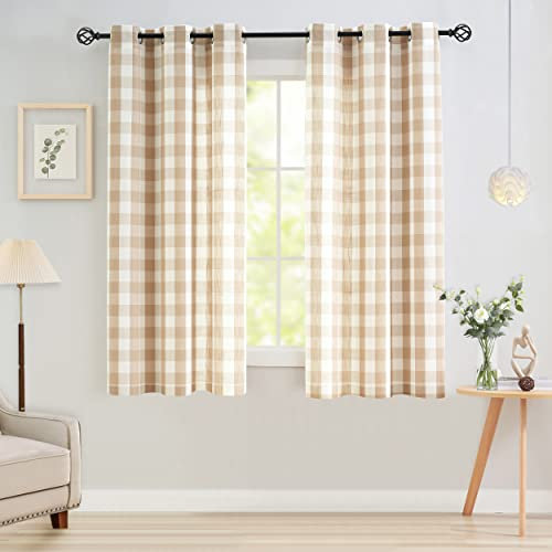 Jubilantex Lot de 2 rideaux semi-transparents à carreaux de buffle brun clair et blanc, rideaux texturés à carreaux de style rustique pour cuisine, petites fenêtres de 101,6 x 137,2 cm