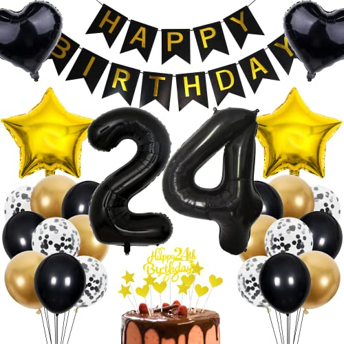 Cnrose 24. Geburtstag Deko Set - Tortendeko für Junge und Mädchen - Rosegold Ballons und Geschenk - 24 Jahre Feier