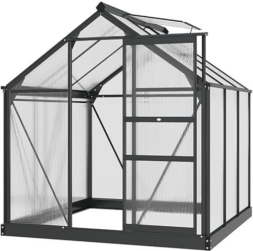 Outsunny 6 x 6ft Polycarbonate Greenhouse, Large Walk-In Green House with Slide Door and Window, Garden Plants Grow House with Aluminium Frame and Foundation, Grey