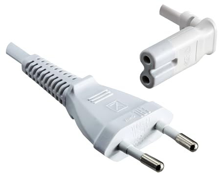 DINIC Stromkabel, Netzkabel mit Eurostecker auf C7 90° Grad unten, Oben gewinkelt (2,00m, weiß)