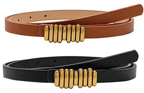 WXNPA Damen-Gürtel, 2 Stück Damen Skinny PU Leder Gürtel, Schmaler Taillengürtel für Damen Verstellbarer dünner Gürtel Schmaler Ledergürtel mit Gold metallschnalle für Kleid
