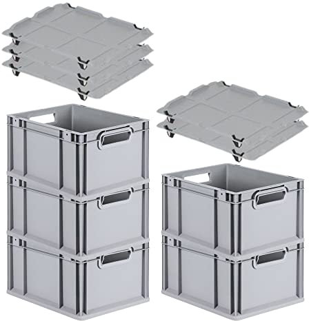 PROREGAL SparSet 5x Eurobox NextGen Grip mit Auflagedeckel & 4 schwarzen Schiebeschnappverschlüssen, HxBxT 22x30x40cm, 20 L, Grau, Griffe offen, Eurobehälter, Transportbox