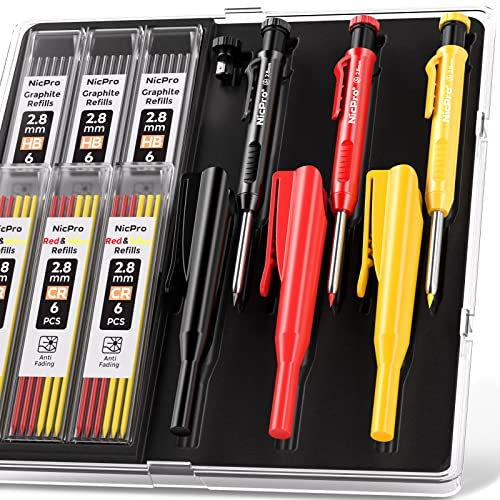 Nicpro 3 Stück Zimmermannsbleistifte mit Spitzer und Kappe, Tischler Bleistifte Set mit 39 Ersatzminen (Rot, Schwarz, Gelb), Druckbleistift Marker, robuste Holzbleistifte mit Etui