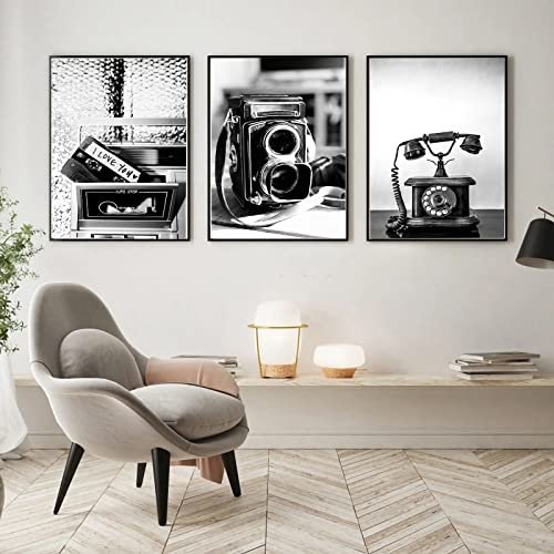 Trayosin 3er Poster Set, Wanddeko Wohnzimmer & Schlafzimmer, Schwarz Weiß Bilder Deko Vintage Poster Kameras Telefone Stilvolle Wandbilder - ohne Bilderrahmen (30x40cm)