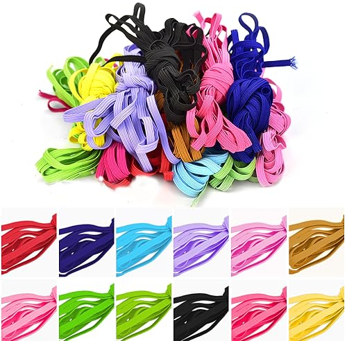 OTTYMO 12 Stück Elastisches Gummiband Schnur Band Flache Gummibänder Bunt Gummilitze 6mm x 5m Hosengummi Mehrfarbig Hutgummi Nähbänder 12 Farben Gummikordel aus Polyester für DIY Handwerk Kleidung