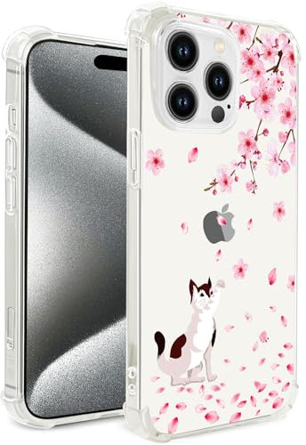 Hi Space Case Compatible with iPhone 15 Pro 2023 6.1 Inch, Cherry Blossom Cat Flower Ultra Clear Slim Transparent Soft TPU Bumper Shockproof Protective Cover