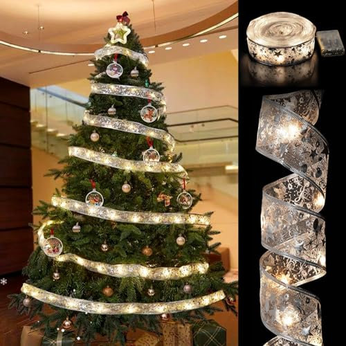 Acxilexy 5M/ 16.4Ft Weihnachtsband Lichter, 50 LED Weihnachtsbaum Band Lichterketten, Batteriebetrieben, Glitzer Band Schleifen Lichter für DIY Weihnachtsbaumschmuck Hochzeit Party Deko
