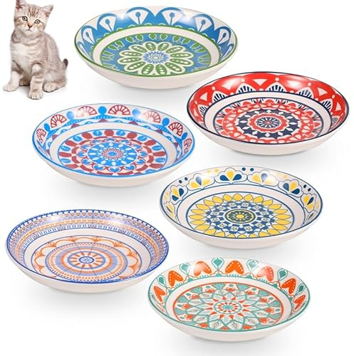 6 Stück Katzennäpfe Flach Keramik, Keramik Futternapf Katze Napf, Bunt Flache Katzenteller für Futter und Wasser Katzenschüssel Kleine Tier Hunde