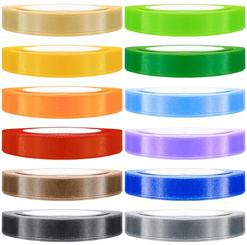 12 Farben Satinbänder 10mm X 22m Geschenkband Set Geschenkbänder zum Basteln Geschenkbänder Weihnachten Halloween Schleifenband Hochzeit Ballonband Webband zum Nähen für Basteln Party Hochzeiten