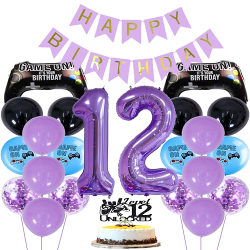 ZWWsullo Luftballon 12 Geburtstag Junge Gaming Controller Luftballons Videospiel Ballon Party Deko 12 Jahre Cake Topper (Schwarz & Lila) Dekoration