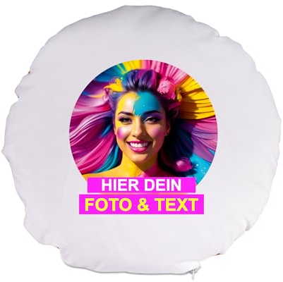 Kiwistar - Foto-Kissen 40x40 cm - rund - selbst gestalten - weiß - Foto - Wunschtext - individuell Bedruckt - mit Kissenfüllung - 100% Polyester - personalisiert - Geschenkidee - Kopfkissen