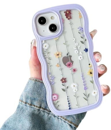 ZTOFERA Wavy Case for iPhone 13/14 (6.1), Cute Clear Protective Case with Climbing Flowers Pattern, Hard PC Colored Wave Frame Soft Silicone Bumper Shockproof Cover for Girls Women, Purple