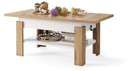 All4All Couchtisch Rino - Kaffeetisch - Wohnzimmertisch mit Ablage - Sofatisch - ausziehbar bis 170cm - höhenverstellbar - 130x65cm - 05 - Wotan Eiche + Weiß