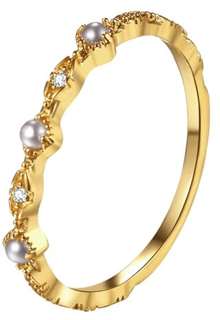 JewelryWe Perlenring Damen Vergoldet Ring: Gold Damenring mit kleinen weißen Perlen und Zirkonia Stapelbare Fingerringe Verlobungsringe Eheringe Trauringe für Frauen Größe 54
