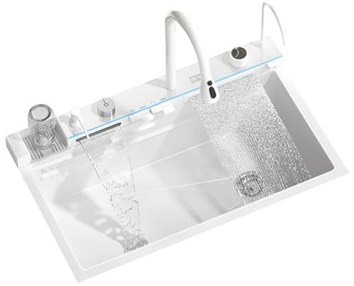 Fregadero de cocina en cascada, de acero inoxidable, doble salida de agua con grifo de una sola pieza, pantalla digital, lavaplatos, fregadero de verduras