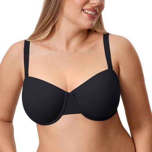 DELIMIRA Women's Inbarely Plus Balconette Bra Plus Size Full Coverage Seamless Unlined Underwire Bras Black 36DD
