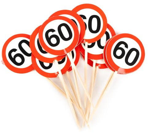 60 Geburtstag Deko Party-Picks Verkehrszeichen rot/weiß - Originelle Geburtstagsdeko 60 für einen gelungenen 60 Geburtstag Frau oder Mann - Tiwoca