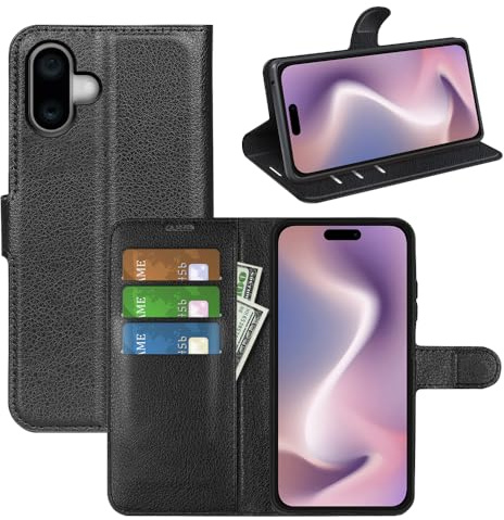 Fertuo Funda para iPhone 16, Carcasa Libro con Tapa de Cuero Piel Wallet Case Flip Cover con Kickstand, Hebilla Magnetica, Ranuras para Tarjetas para iPhone 16, Negro