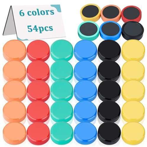 MIN CI 54Pack Fridge Magnets 6 Colors Round Whiteboard Magnets, Office Magnets Strong, Flat Magnet for Notice Board, Picture, Postcard, Ø 20mm