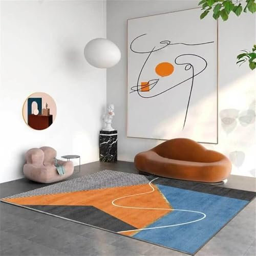 RUGMRZ Wohnzimmerteppich Outdoor Teppiche 140x200CM Kinderteppiche Mädchen babyzimmer Teppich orange Blaugrauer moderner geometrischer Rutschfester Teppich