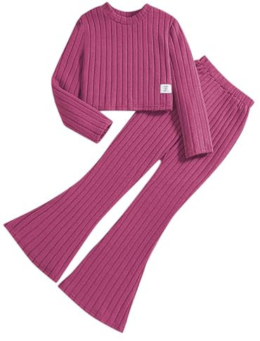 2025 - Set di pantaloni a zampa da ragazza, a maniche lunghe, in tinta unita, casual, a maglia, in due pezzi, con fascia elastica in vita, per il tempo libero, per 7-12 anni, Colore: rosa., 8-9 Jahre