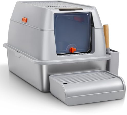 The Fellie Caja de arena para gatos de acero inoxidable, bandeja de arena cerrada con capucha, caja de arena para gatos extra grande con pala y pedal, sin olor, cara alta con antifugas, filtro de