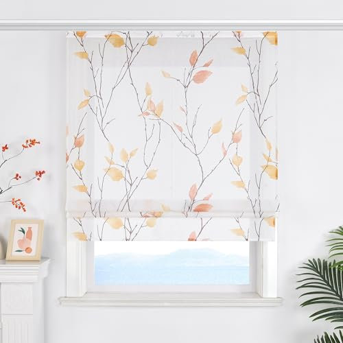 ESLIR Raffrollo mit Klettband Landhaus Gardinen Küche Transparent Raffgardinen mit Klettschienen Weiß Wohnzimmer Bändchenrollo mit Blattdesign Orange BxH 140x140 cm 1 Stück