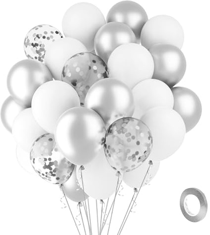 Luftballons Silber Weiß Ballons 60 Stück 30cm Metallic Silberne Konfetti Latex Ballons 1 Rollen Silber Band Luftballon Girlande Luftballons Geburtstag Silberhochzeit Taufe Diamantene Hochzeit Deko