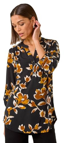 Roman Shirt for Women UK Ladies Top Collarless Blouse Stretchy Tunic Smart Casual Autumn Winter Jersey 3/4 Length Sleeve Notch V Neck Flattering Office Work Yellow