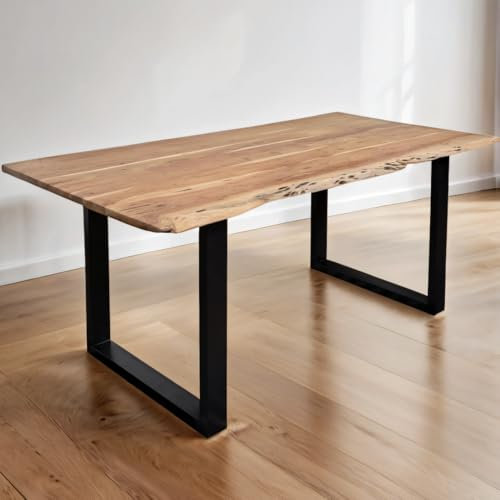 trelevo Esszimmertisch 300x100 cm, Akazienholz massiv 26mm, Tischplatte naturfarben, echte Baumkante, U-Gestell schwarz, Baumkantentisch