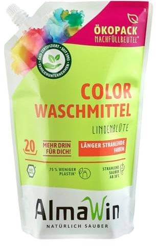 AlmaWin® Color Waschmittel flüssig 5x1,5L - 100 Ladungen mit Lindenblüten-Duft für strahlende Reinheit - Bio Waschmittel Color für 30-60° - Flüssigwaschmittel Vegan im Öko-Pack Nachfüllbeutel