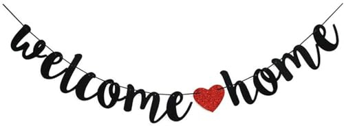 Welcome Home Banner - Schwarz Vollständig montiert und bereit zu hängen - Glitter Willkommen Home Dekoration für Hauswärme, militärische Heimkommen