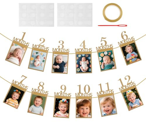 ZoeWei Girlande Ggeburtstag für 1 bis 12 Monate Baby Fotogirlande 1. Geburtstag Hängende Wanddekoration Geburtstagsdeko 1 Jahr Kraftpapier Erster Geburtstagsdeko für Jungen Mädchen Party