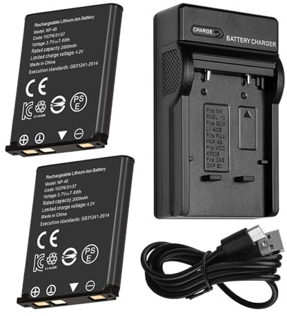 Lot de 2 Batteries de Rechange 2000 mAh NP-45+ Chargeur compatibles avec Olympus Li-40B Li-42B Nikon EN-EL10 Fuji NP-45 NP-45S Fujifilm Mini 90 et FinePix XP50 XP60 J10 J15 J100 J110w T550