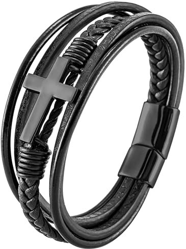 Mochity Armband Herren, Lederarmband Herren Schwarz, Kreuze Kreuz Viking Herrenarmband, Armbänder Armband Edelstahl Für Männer, Männer Geschenke (A3)