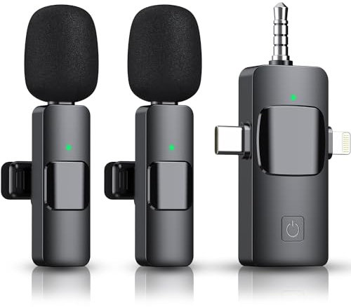 PQRQP Wireless Lavalier Microphone for iPhone, Android, Camera - Noise Cancelling Clip-on Mic with 100ft Range, USB-C/Lightning Charging, Portable Mic for Video Recording-AB1